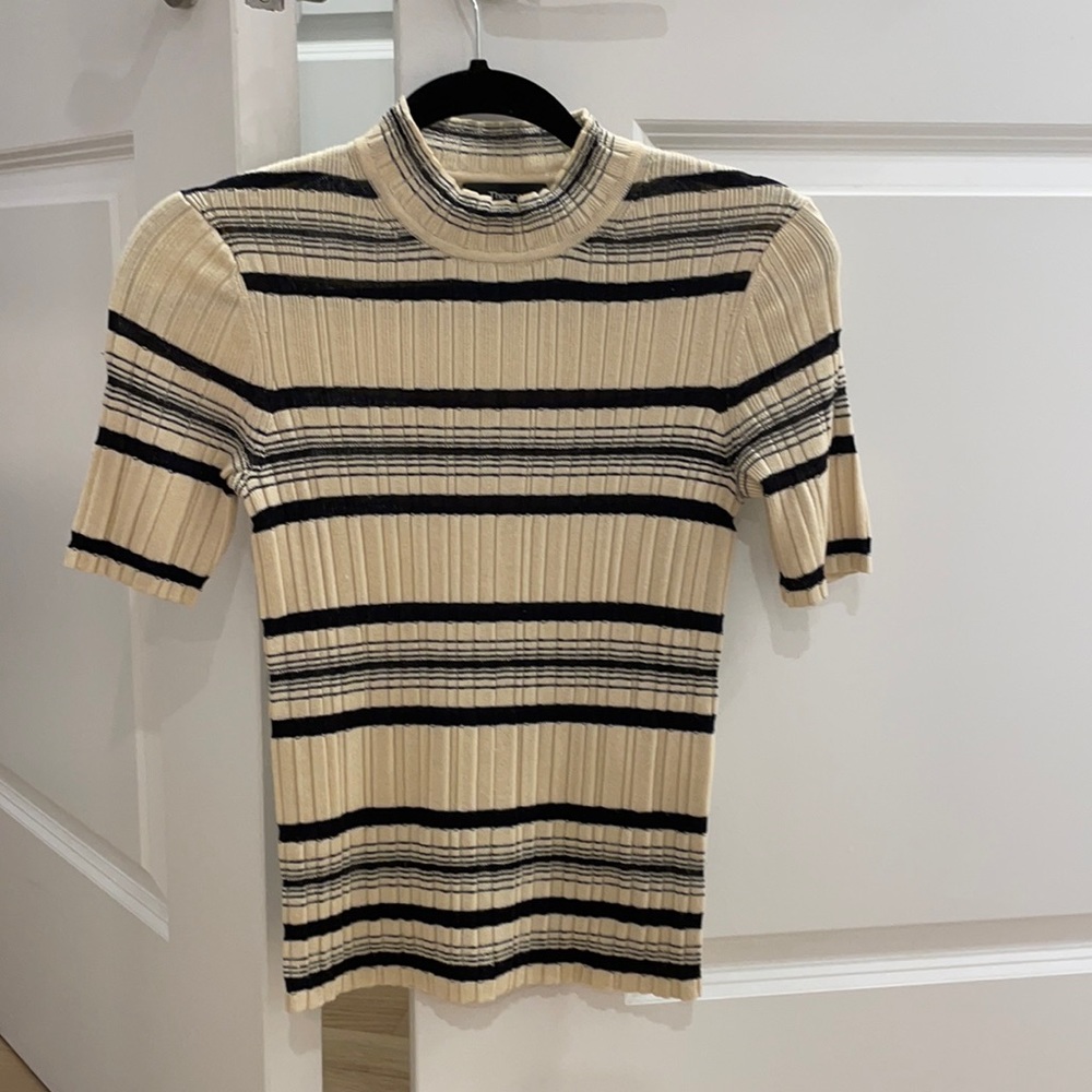 THEORY Short Sleeve Cream and Dark Navy Striped Rib Mock Neck Sweater